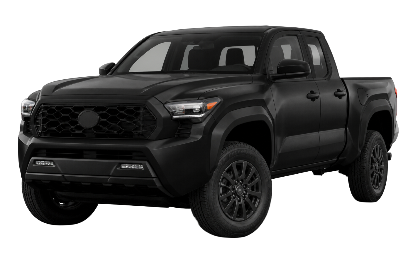Black Toyota Tacoma front three-quarter view with ADAS sensor locations